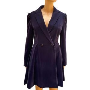 Vintage Ania A Blazer Dress Womens S/M Navy Blue Velvet Puff Long Sleeve Jacket